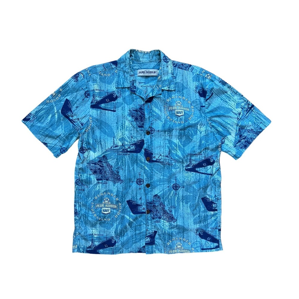 JAMS WORLD Mens Pearl Harbor Navy Hawaiian Shirt Size Large Button Up